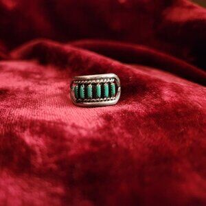 Antique Zuni Needlepoint Turquoise Sterling Silver Ring Size 8 Very Old